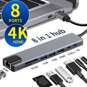 USB C-hubadapter USB-splitter Extender Dock USB 3.0-poort voor MacBook Laptop Type C 8 in 1 dockingstation Multiport 4K HDMI SD TF-kaartlezer PD RJ45