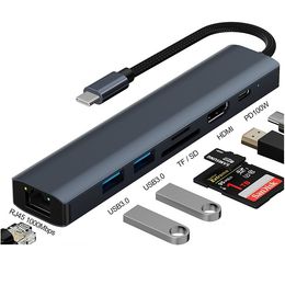 7 In 1 USB C Hub Ethernet HD-Mi Adapter Aluminium Aluminium Ally Multiport Type C Adapter 1GBPS 100W PD DOCK USB3.0 Dongle Docking Station