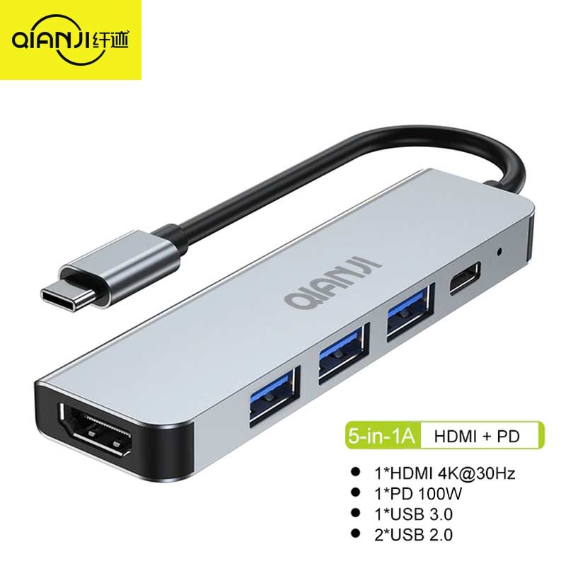 USB C Hub Multiport Adapter 5 i 1 med HDMI 4K Typec 3.0 -portar och 100W kraftleverans Qianji Hub 5 i 1 för Laptop MacBook
