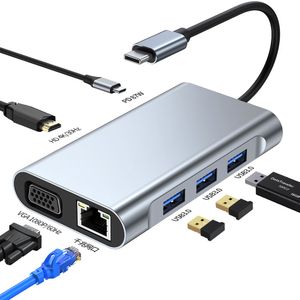 HUB USB C Type C vers 4K HDTV VGA RJ45 Prise 3,5 mm USB3.0 Adaptateur 11 en 1 Répartiteur USB Chargeur PD Station d'accueil