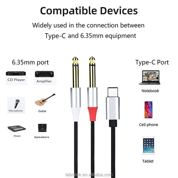 USB-C vers 2x6.5mm câble Audio 2 pôles câble Audio double tête coque en cuivre plaqué or robuste 2X 6.35mm pour téléphone Apple vers RCA