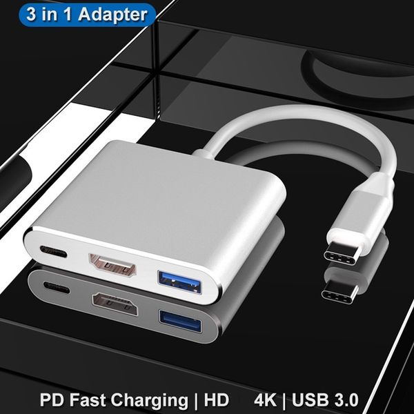 Adaptador USB C a HDMI 3 en 1, transferencia de concentrador tipo C, salida HDMI 4K, puerto USB 3.0 y puerto de carga USB-C 100W