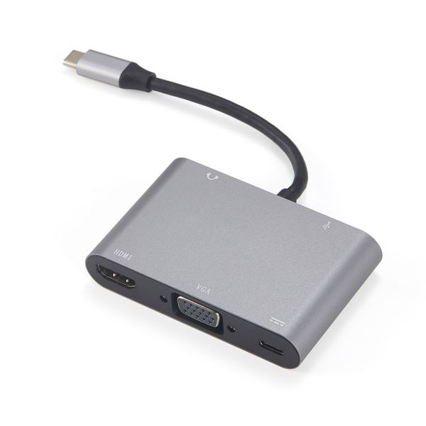 Adaptador de audio USB C a HDMI + VGA + USB3.0 + PD + Jack de 3,5 mm 5 en 1 Puerto múltiple SOPORTE 4K 1080p Concentrador de base de aleación de aluminio para Macbook HP Zbook Samsung S20 Dex Huawei P30 Xiaomi 11