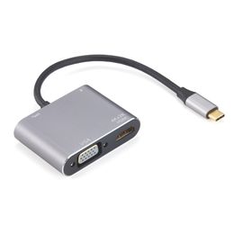 USB C tot HDMI+VGA+USB3.0+PD -adapter 4 In 1 Multi Port Support 4K 30Hz 1080p Aluminium legering Dock Hub voor MacBook HP Zbook Samsung S20 Dex Huawei P30 Xiaomi 11