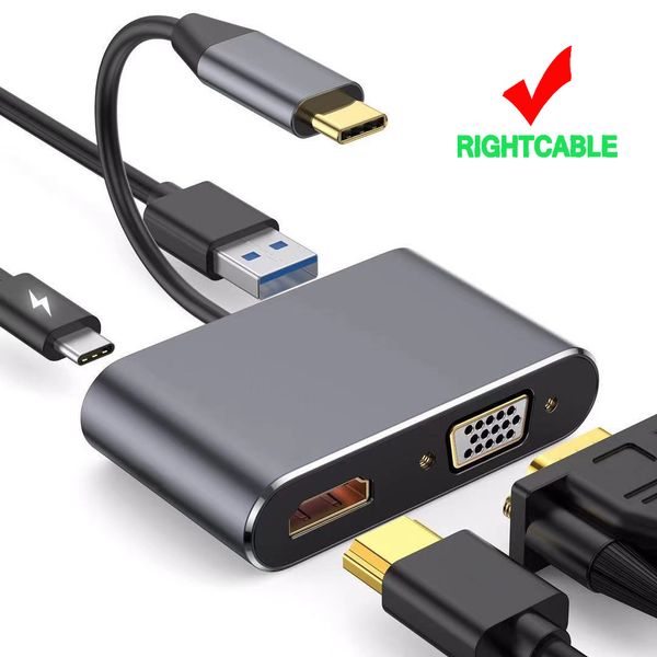 USB-C a HDTV VGA Hubs USB3.0 Tipo C PD 4 EN 1 Adaptador Alta velocidad 4K 60HZ Soporte de resolución para tableta MacBook