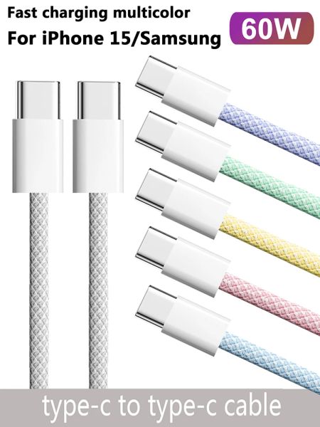 Câble USB-C à type C de type C pour Apple iPhone 15 PD 60W Cordon de charge rapide pour Huawei Xiaomi Samsung USB C Type-C Date de tissage Cable Oppbag