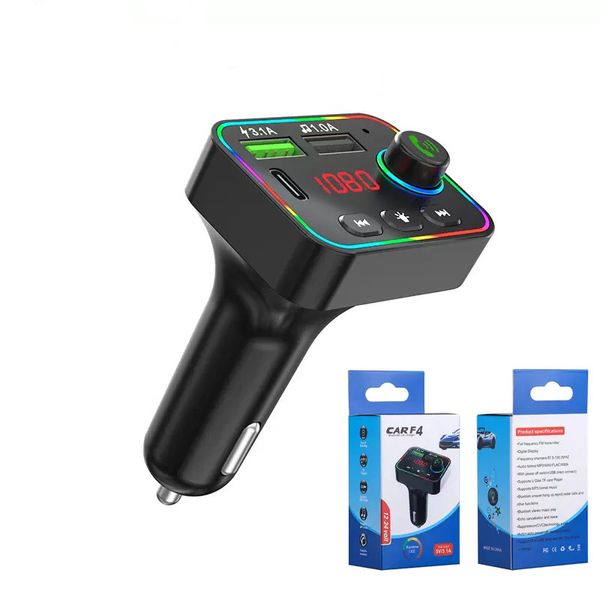 F4 Usb chargeur de voiture Bluetooth-compatible 5.0 transmetteur Fm lecteur Mp3 u disque tf carte F4 lampe d'ambiance colorée récepteur Audio emballage de vente au détail