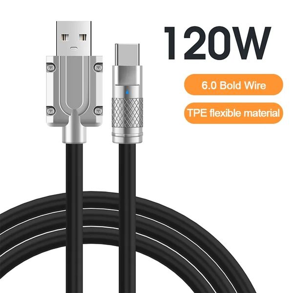 Cable de cargador USB Tipo-C 120W 6A Cable de carga súper rápido Silicona líquida para Xiaomi Huawei Samsung Bold 6.0 Línea de datos Rainbow Colors 848d