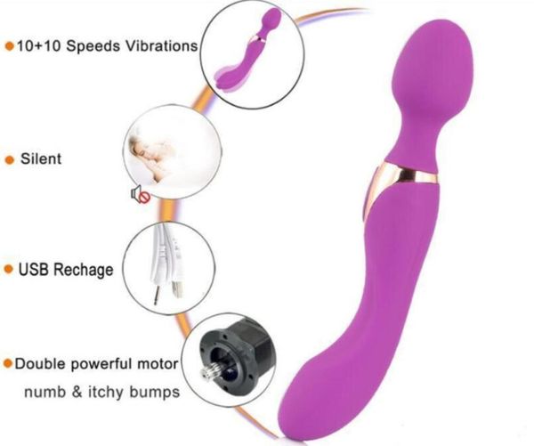 USB Charge Double Tête Av Vibrateur Baguette Magique Masseur Sex Toys Pour Femmes G-Spot Vibrateurs Clitoris Stimulation Massage Masturbateur Colors524