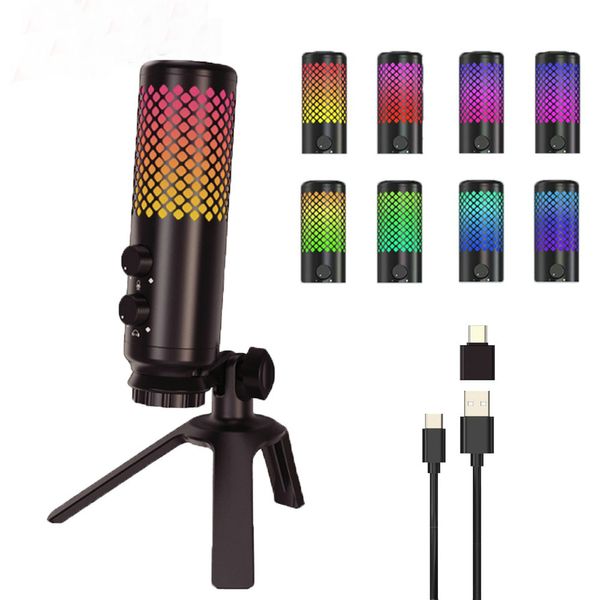 Microphone de jeu à condensateur USB, avec lumière RGB, prise casque, support anti-choc, micro LED, pour PC, PS4, ordinateur portable, enregistrement, Streaming YouTube