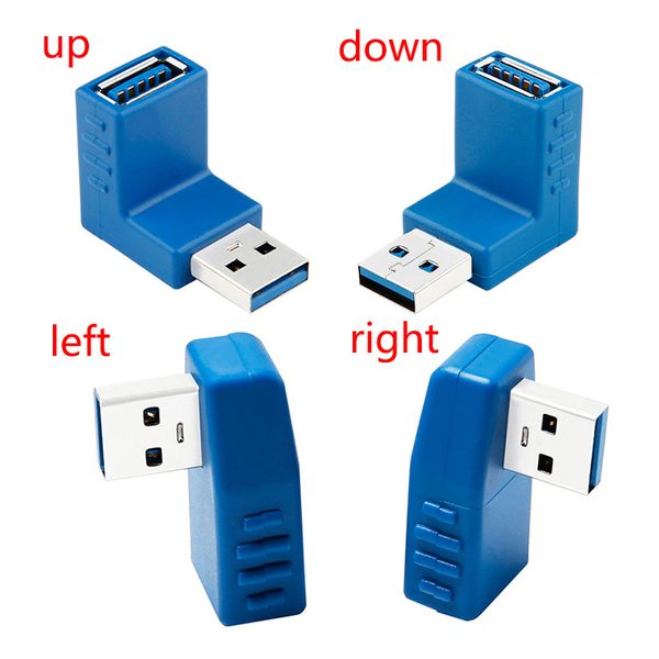 Conector USB 2.0/3.0 90 grados VERTICAL Izquierda hacia abajo hacia abajo en ángulo USB con ángulo, tipo Adaptor de convertidor M/F macho a hembra Black/Azul
