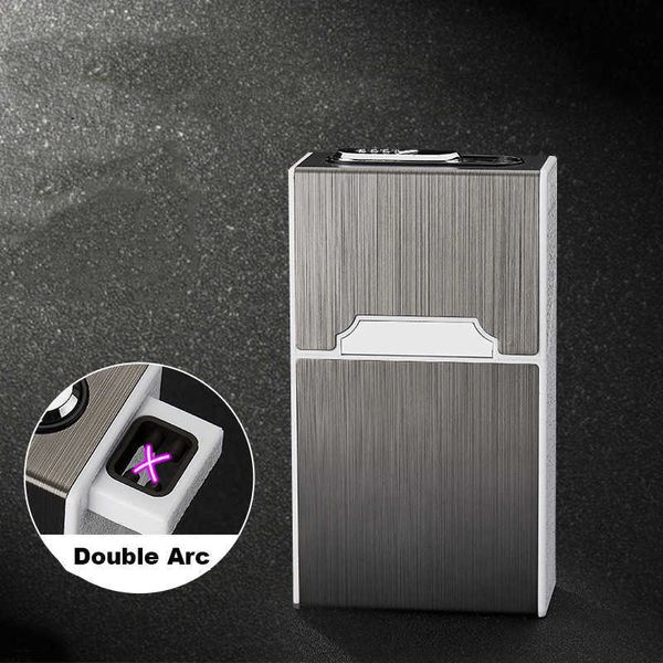 Encendedor de plasma de doble arco USB, caja de cigarrillos automática, cajas de cigarrillos de Metal, 20 piezas, soporte para cigarrillos, Gadget para hombres, regalos 7N2L
