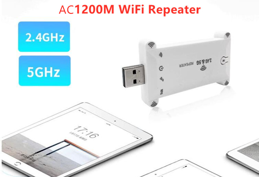 USB Dual Band 2.4g/5Ghz AC1200M WiFi Repeater Long Range Extender Wireless Booster Signal Amplifier