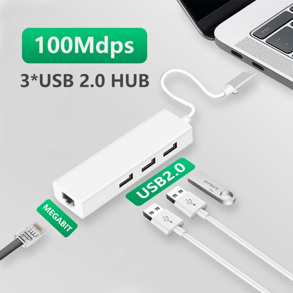 USB Ethernet con 3 puertos USB HUB 2,0 RJ45 tarjeta de red Lan adaptador USB a Ethernet para macbook iOS Android PC tipo c usb c hub