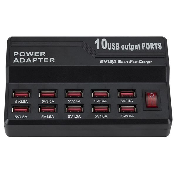 Charge rapide USB HUB10 Port 12A Station de charge intelligente Chargeur USB Chargeur numérique pour tablette mobile