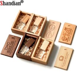 Unidades flash USB SHANDIAN Crystal Wooden USB 2.0 Flash Drive Pen Drive U Disk Memory Stick Pendrive 8GB 16GB 32GB 64GB Regalo de boda Thumb Drive