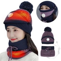 USB Verwarmde beanie sjaal hoed masker set gebreide beanie dop dikke skiganie met sjaal en gezicht warmer voor koud weer buitensporten 231220