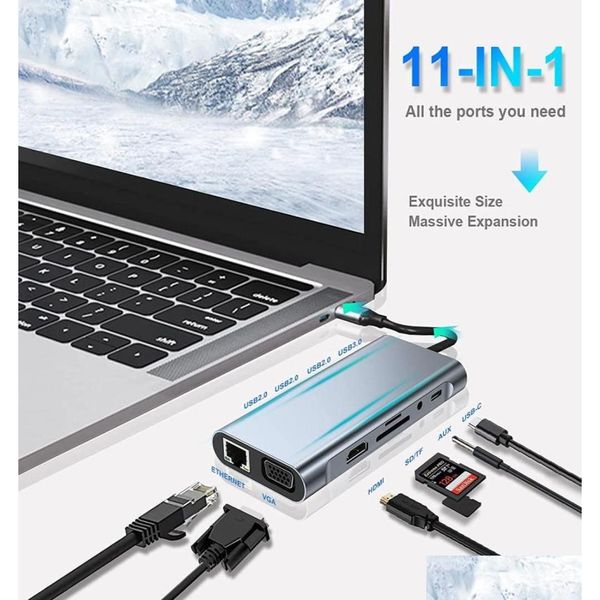 Adaptateur USB Hubs 11 en 1 Hub Accurent avec 4K VGA Type C PD Ethernet RJ45 Port SD / TF Cartes 3,5 mm AUX Book Drop de DH34Y