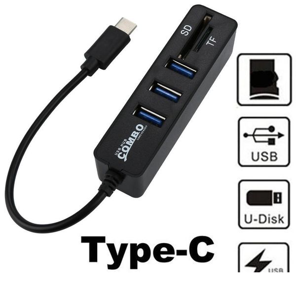 Connecteurs USB Hubs 2 en 1 Type-C OTG 2.0 Splitter du hub combo 3 ports SD / TF Carte Reader USB-CETHERNET Adaptateur Drop Livrot