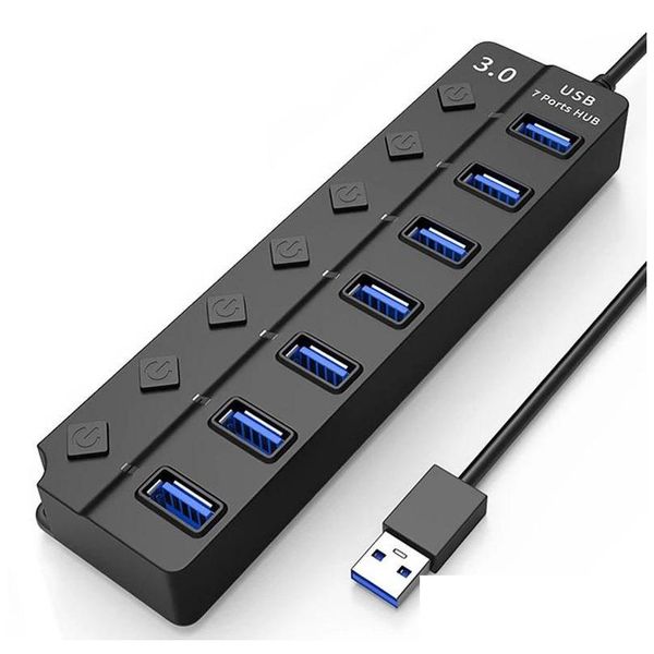 USB Hubs 3.0 Hub 7 Port Data con interruptores de encendido/apagado de LED y luces 5 Gbps Expador de alta velocidad para la computadora portátil Keyborad Mouse Drive OT3R4