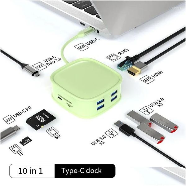 Hubs USB Estaciones de acoplamiento para computadora portátil Tipo-C Expansión Dock Hub 10 en 1 Periféricos de computadora Adecuados para computadoras Phablet Drop Delivery N Otbjo