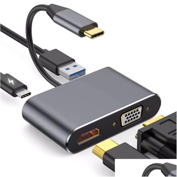 Usb Hubs Usb-C a Hdtv Vga Usb3.0 Tipo C Pd 4 en 1 Adaptador Alta velocidad 4K 60Hz Resolución Soporte para libro Tablet Drop Delivery Compu Dhh1X