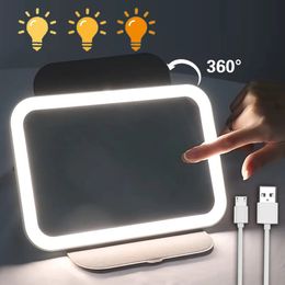 Espejos de maquillaje LED USB con luces rosa 360 portátil plegable de viaje de viaje inteligente espejo cosmético Miroir 240326