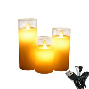 USB oplaadbare flikkering dansende lont pilaar kaarsen paraffine was led glas set bruiloft festival thuis decoratie-Amber 240417