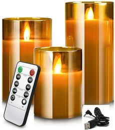 USB -oplaadbare LED Flameless Pillar Candle Set flikkeren bewegende Wick Paraffin Real Wax Remote Geregeld met Timer Glass Lights 240417
