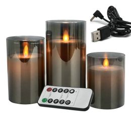 USB-oplaadbare LED Flameless Pillar Candle Set flikkering bewegende Wick Paraffin Real Wax Remote Controlled W/Timer-Grey Glass 240417