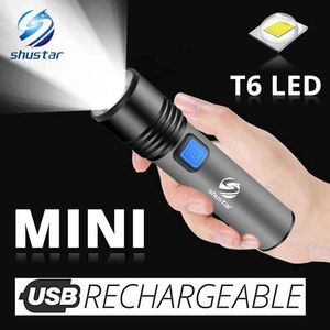 USB-oplaadbare LED-zaklamp met T6 LED ingebouwde 1200 mAh lithium batterij waterdichte camping licht zoombare fakkel J220713