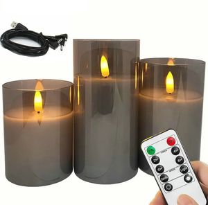 USB -oplaadbare LED -pilaar kaars set Flameless Remote Controlled W/Timer LED Flickering 3d Wick Paraffin Wax Table Decoratief 240415