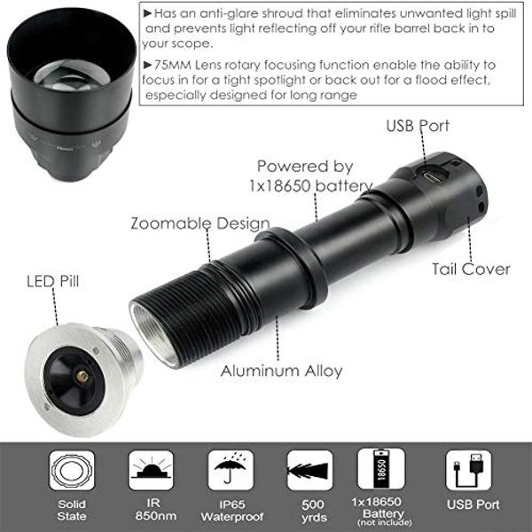 Freeshipping USB Recargable T75 IR 940nm Linterna LED Luz infrarroja Zoom Antorcha con 67,50,38 mm Kit de cabezales de lente convexos SET