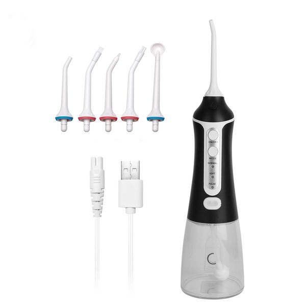 Irrigador bucal eléctrico con hilo dental de recarga USB de 300 ml con 5 puntas de chorro Limpiador de dientes inalámbrico para aparatos ortopédicos Cuidado de puentes Viaje a casa