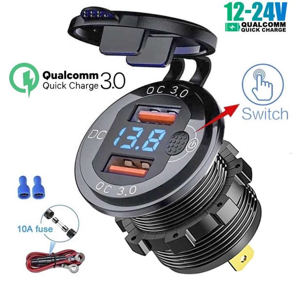 Cargador USB tipo C para coche, toma USB Dual de 12V/24V, PD3.0 QC3.0, con voltímetro LED y botón de interruptor de encendido/apagado