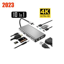 Stations d'accueil pour hub USB Type C 10 en 1 Type-C vers HDTV Adaptateur VGA 4K RJ45 8 en 1 Lan Ethernet SD TF USB-C 3.0 Typec Jack 3,5 mm Audio Vidéo pour MacBook Pro OTG