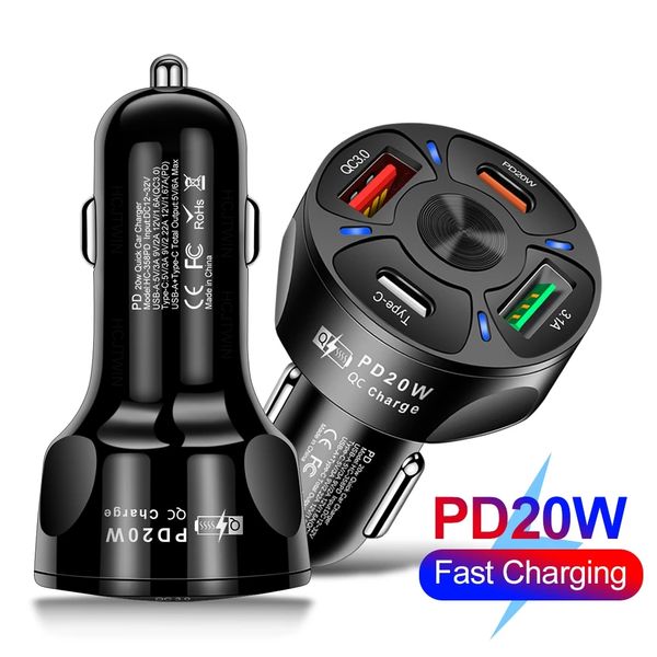 Chargeur de voiture USB type-c PD 20W 4 ports double charge rapide automatique pour accessoires portables de voiture de téléphone portable