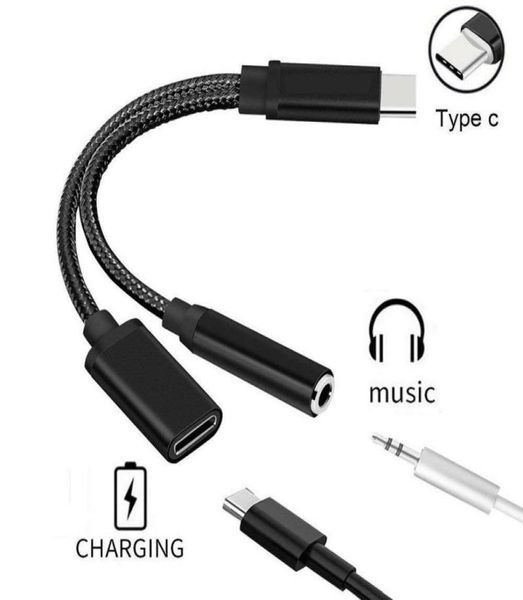 USBC tipo C a 35 mm Aux o Cable de carga Adaptador Conector para auriculares Cable macho hembra 2 en 1 Teléfono inteligente TypeC para Samsung Huawei3659757