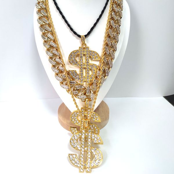 Pendentif symbole USD, collier audacieux hip hop exagéré avec diamants, chaîne cubaine personnalisée à la mode pour hommes CCB extra large 25 mm 27 pouces