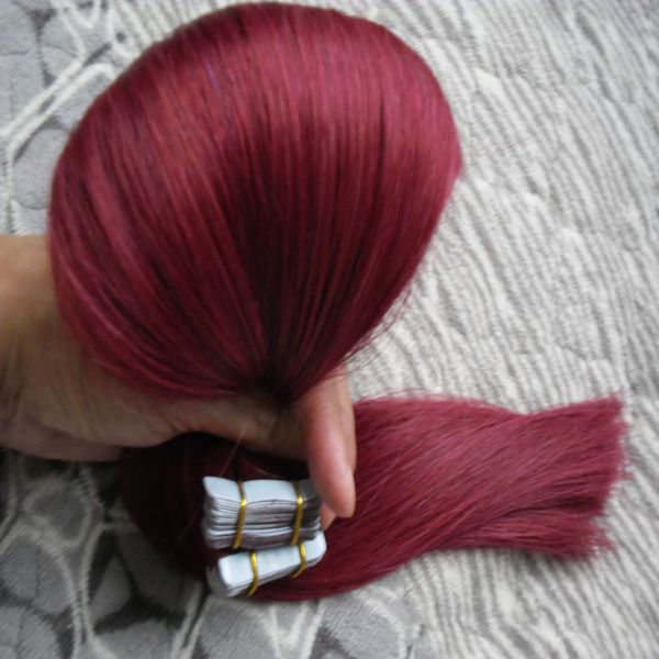 Uso de cinta de cabello humano en extensiones de cabello # 99J Red Wine Straight 100g 40pcs extensiones de cabello con cinta de trama de piel