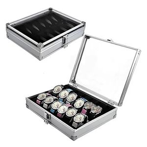 Boîte de montres en aluminium utile 12 fentes de grille bijoux montres affichage boîte de rangement boîtier carré en daim à l'intérieur du support de montre rectangulaire 240105