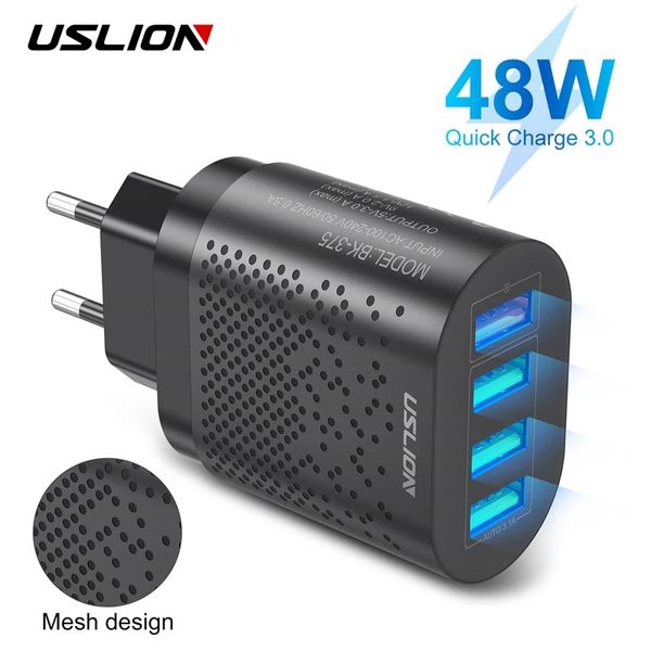 USLION 48W UE EE. UU. Reino Unido Enchufe Cargador USB 3A Quik Charge 3.0 Cargador de teléfono móvil para iPhone 13 12 11 Samsung Xiaomi Cargadores de pared rápidos de 4 puertos