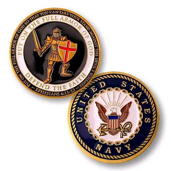 Moneda de desafío de la Marina de los Estados Unidos de la USN, armadura completa de oro, insignia de defensa de la fe