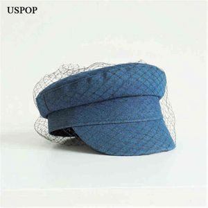 USPOP -merkontwerper Fashion Autumn Winter Caps Women Mesh Yarn Newsboy Caps Flat Denim Caps AA220304 255L