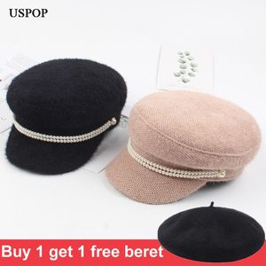 USPOP nouvelles casquettes d'hiver femmes casquettes gavroche femme perle vison cheveux casquettes militaires vintage haut plat épais chaud chapeaux 201013254S