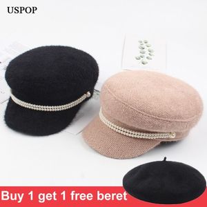 USPOP nouvelles casquettes d'hiver femmes casquettes gavroche femme perle vison cheveux casquettes militaires vintage haut plat épais chaud chapeaux 2010133021
