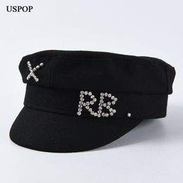 USPOP Novos chapéus de inverno para mulheres jornaleiro de lã diamante carta grossa viseira plana bonés militares Y200102