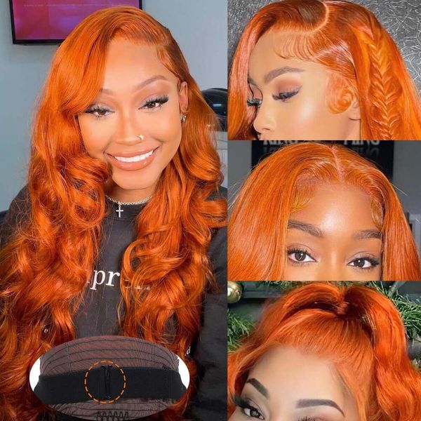 Usweety Front Body Wave Orange 13x4 HD Lace Frontal Human Hair pré-cueilli à 180% Perruque de gingembre à la densité pour les femmes noires Colored Wigs (24 pouces)