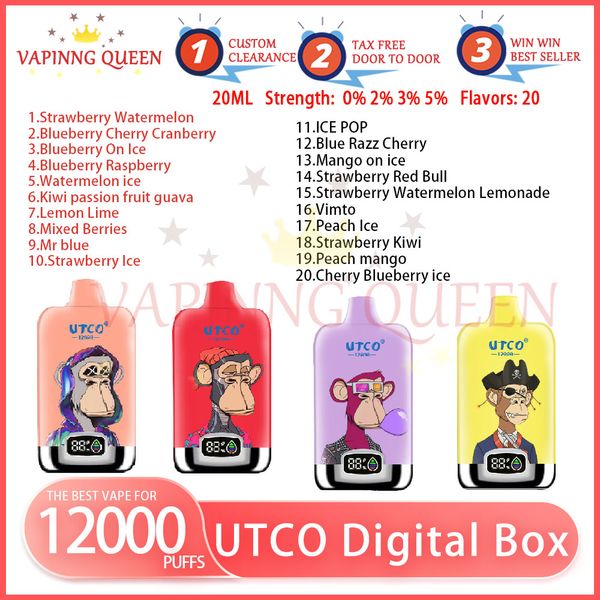 UTCO Digital Box 12000 Puff Dernichable E Cigarettes 0% 2% 3% 5% 850mAh Batterie Rechargeable Cigs Puffs 12K Kit