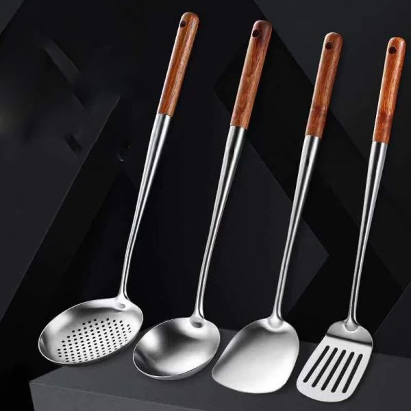 Utensilios Mango largo Espátula Wok de acero inoxidable Cocina Turner ranurado Cuchara de arroz Cucharón Herramientas de cocina Juego de utensilios Dropshipping utensilio